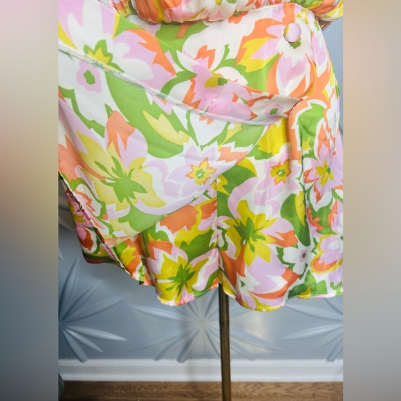 Karlie SZ M orange, green, pink & white romper with drape neck, waist 28”-30”. - Picture 2 of 6